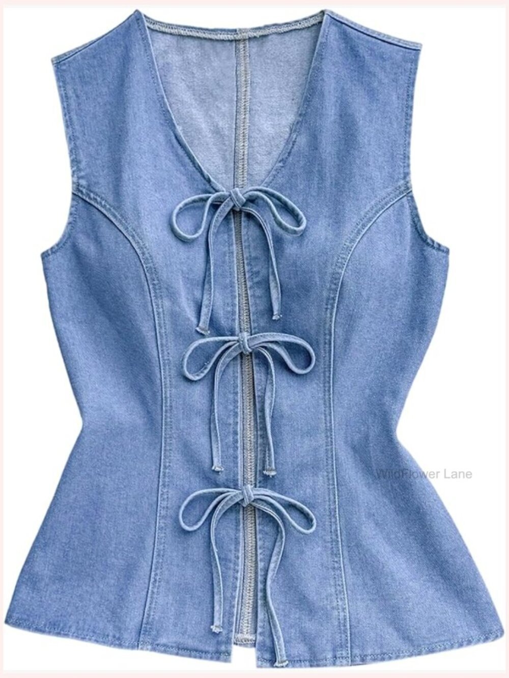 Bow Tie Denim Tank Top Sleeveless V Neck Western Jean Vest